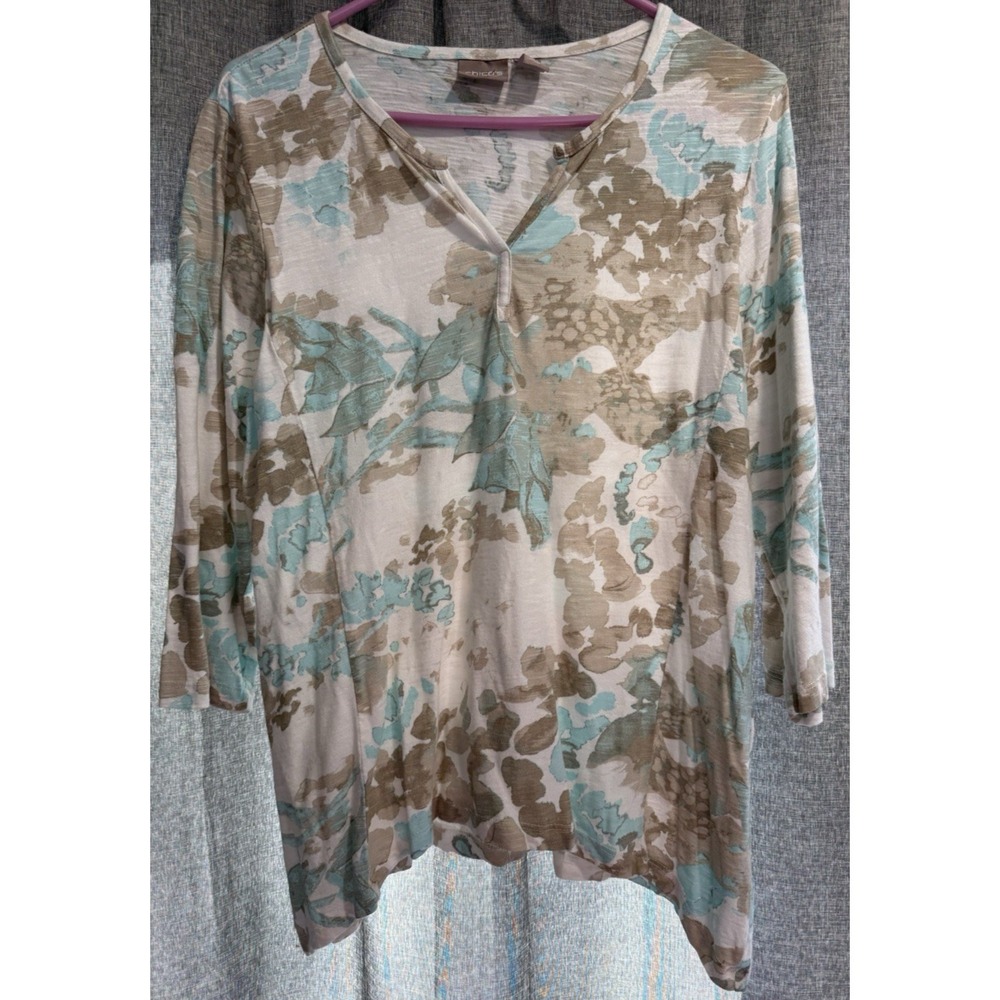 Chicos Women Size 2 Pull Over Top Blue Gray Cotton 3/4 Sleeve Blouse V-Neck